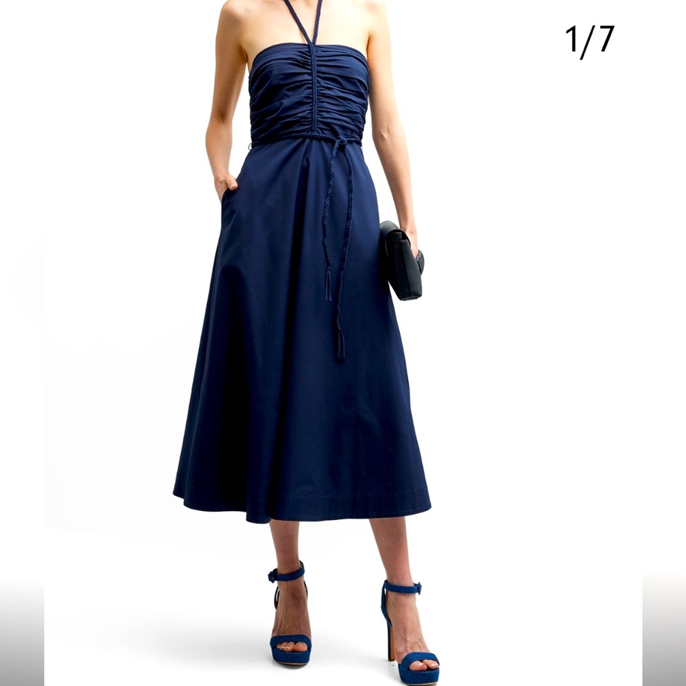 Veronica Beard Tucker Ruched Halter Midi in Navy size 4